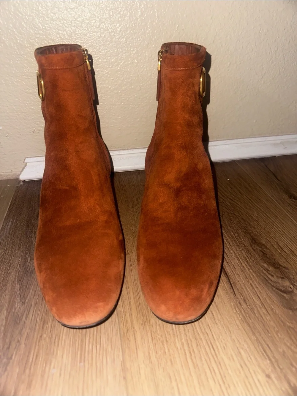 Valentino Rust Brown Suede Ankle Boots with Gold V Logo